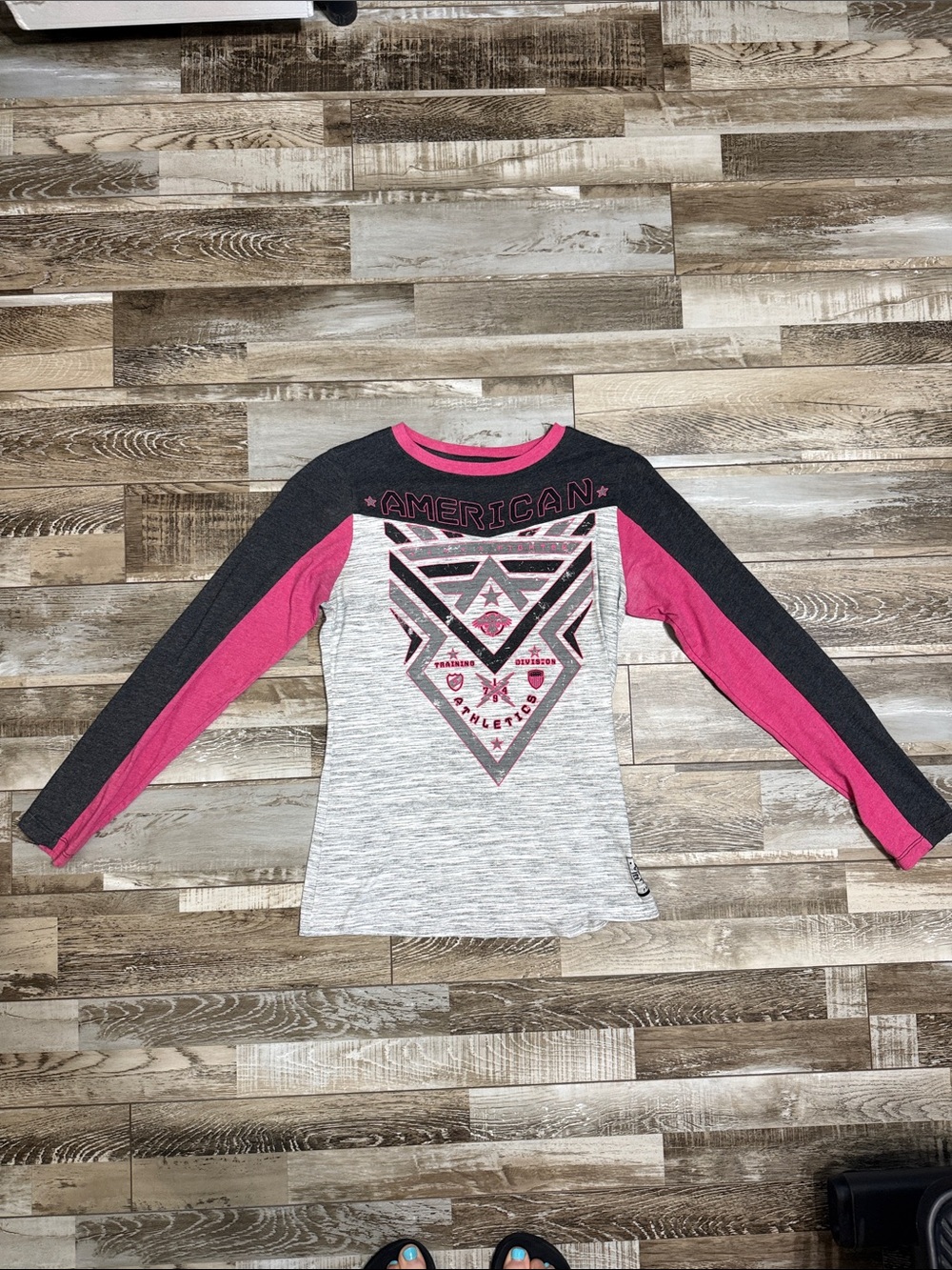 American Fighter Pink, Charcoal & Heather Gray Graphic Raglan Long Sleeve Tee